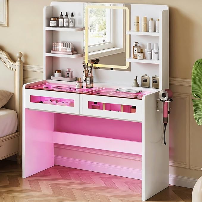 Vanity Desk with LED Lights Mirror & Power Outlet, Transparent Top Vanity with 2 RGB Drawers, 3 Lighting Modes & Adjustable Brightness, Dressing Table for Women Girls Bedroom, White Plus