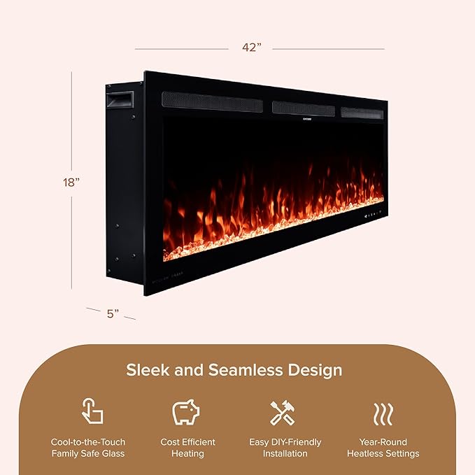 Modern Ember Vibrance 42 Inch Smart Linear Electric Fireplace Insert - Recessed or Wall-Mount, LED Multi-Flame Colors, Alexa/WiFi Enabled - Remote Included - Crystals