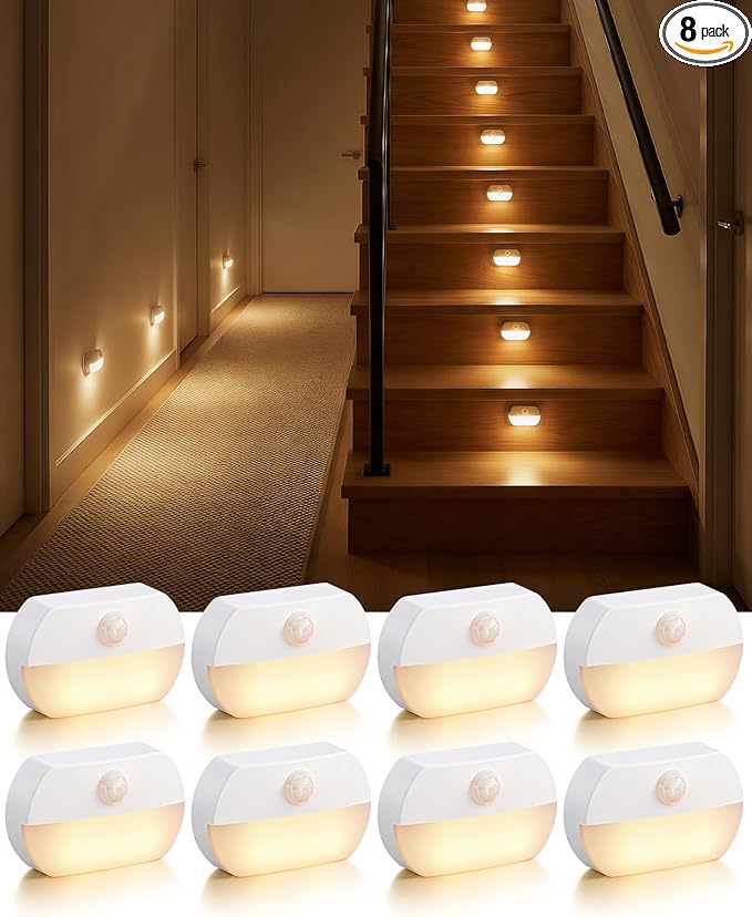 8 Pack Battery Motion Sensor Stair Lights, Indoor Hallway Light, Wireless Step Night Light, Battery Operated LED Toilet Lights for Stairway Closet Bedroom Bathroom