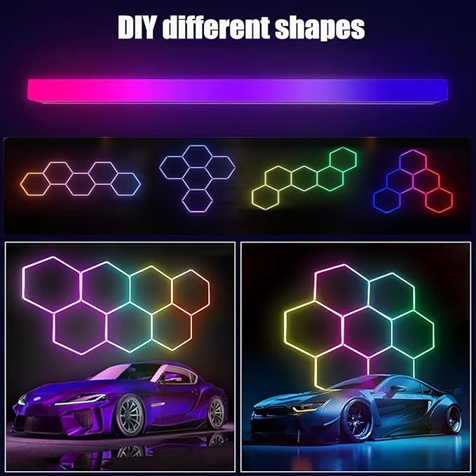 25Pack RGB 5 Hexagon LED Garage/Wall Lights, RGB 358 Kinds of Changes Dimmable Speed-Adjustable DIY Color-Changing Lights