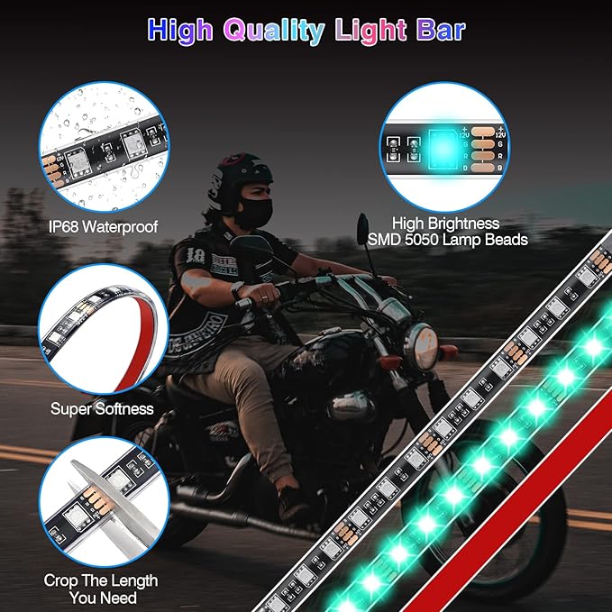 8Pcs Motorcycle RGB LED Strip Lights Kit for Harley Davidson Kawasaki Suzuki Yamaha Golf Cart, 12V Waterproof Multicolor Motorcycle Underglow Neon Light Strip with APP/Remote Control & Brake Signal