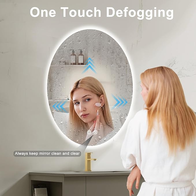 28 X 20 Inch Oval Backlit LED Bathroom Mirror Anti-Fog 3 Colors Light Dimmable Wall Mounted Lighted Bathroom Vanity Mirror Smart Makeup Mirror with Touch Switch