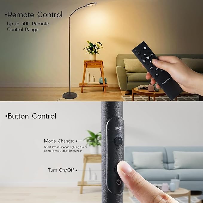 Tenmiro Dimmable Floor Lamp,Super Bright Modern LED Lamps Custom Color Temperature Standing Lamp with Remote Push Button Control,Adjustable Gooseneck Reading Floor Lamp for Living Room Bedroom Office