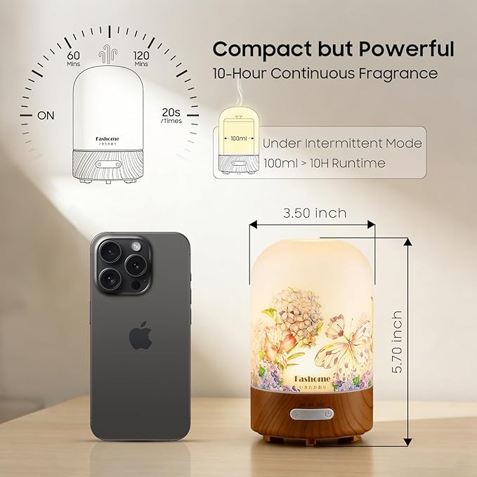 Essential Oil Diffuser Hand Blown Glass, 100ml Small Aromatherapy Diffuser, Auto Shut-Off Function, Ultrasonic Diffusers for Essential Oils, Cool Mist Humidifier with Warm White Lights