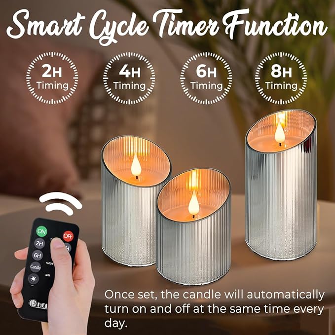 Rechargeable Flameless Candle, Flickering LED Pillar Glass Fake Candle with Remote and Timer, Built-in Battery Real Wax Electronic Candle for Room Decoration, Set of 3