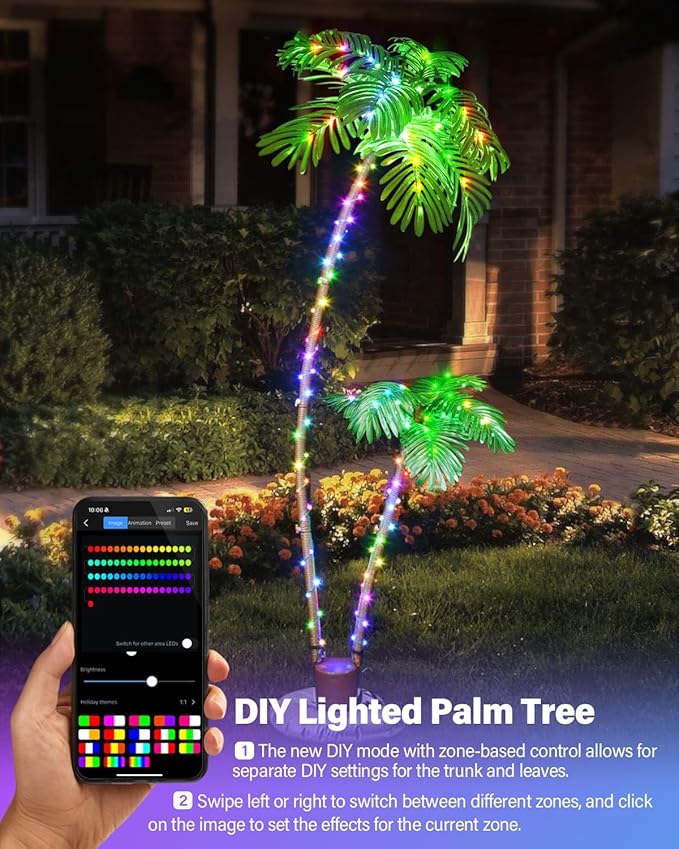7FT Smart LED Artificial Palm Tree with App Control - DIY Color Changing Outdoor Palm Tree with Music Sync, Timer & Remote - Waterproof Pre-Lit Tropical Decor for Patio Pool Party Tiki Bar, 2 Trunks