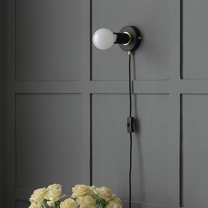 BRIGHTTIA Matte Black Plug-in Simple Ring Wall Sconce Light - Brushed Brass Color Accents - Modern Minimalist Lighting - Mid Century Industrial Exposed Bulb Wall Lamp - 16Ft Fabric Cord (BW0005-1BP)