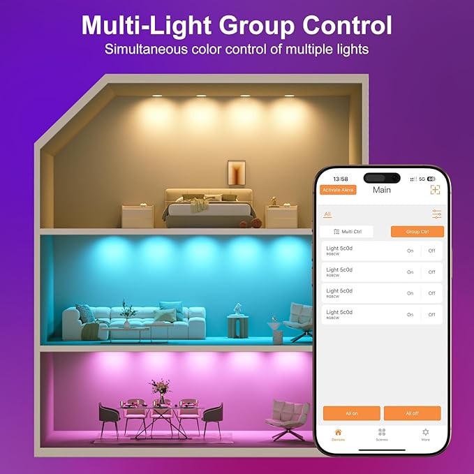 Black 5/6inch Color Changing LED Can Lights,4Packs Retrofit LED Recessed Lighting,13W 1050LM Smart Recessed can Light,Compatible with Alexa,Bluetooth APP Control,for Bedroom Kitchen Livingroom