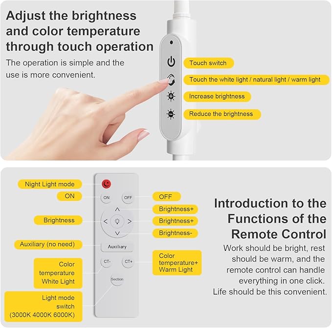 Supe Bright 24W Dimmable LED Floor Lamp with Remote Touch Control Adjustable Gooseneck Standing Light for Reading Makeup Tattoo Lash Extensions White Modern Smart Tall Lamp Living Room Bedroom Office