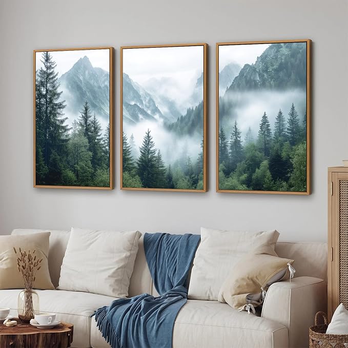 YeeHomedec Large Mountain Framed Canvas Wall Art, Modern Calming Forest Wall Decor, Misty Nature Mountains Art Painting, Wooden Pine Trees Artwork for Living Room Bedroom Farmhouse 24"x36"x3