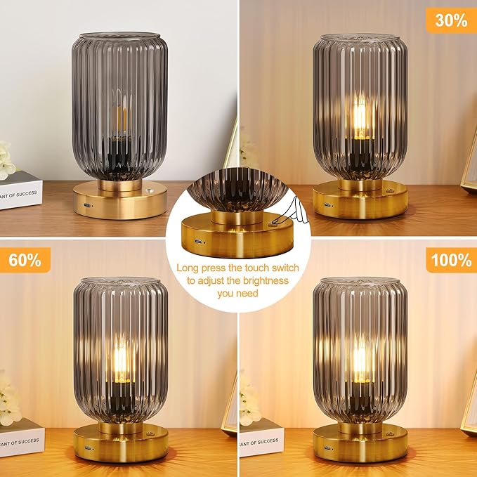 LigthRound Touch Table Lamp for Bedroom, Cordless Bedside Small Table Lamp, Dimmable Rechargeable Battery Operated Lamp for Nightstand, Bedside, Living Room, Desk, LED Bulb Included