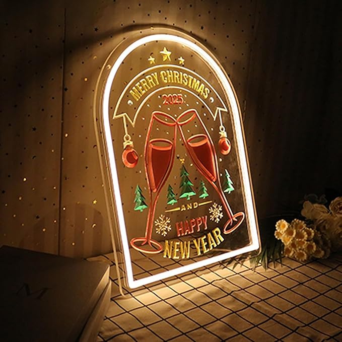 Happy New Year LED Neon Sign for Wall Decor USB Adjustable Brightness Living Room Bars Barbers Pub Wedding Party Salon Club Gatherings Gaming Room Man Cave Halloween Christmas Birthday Art Wall Decor