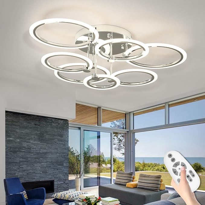 7-Ring Modern LED Flush Mount Ceiling Light - 31.8" Dimmable Close-to-Ceiling Fixture with Remote Control, 130W 3000K-6500K Adjustable Color Temperature for Bedroom, Living Room (Chrome)