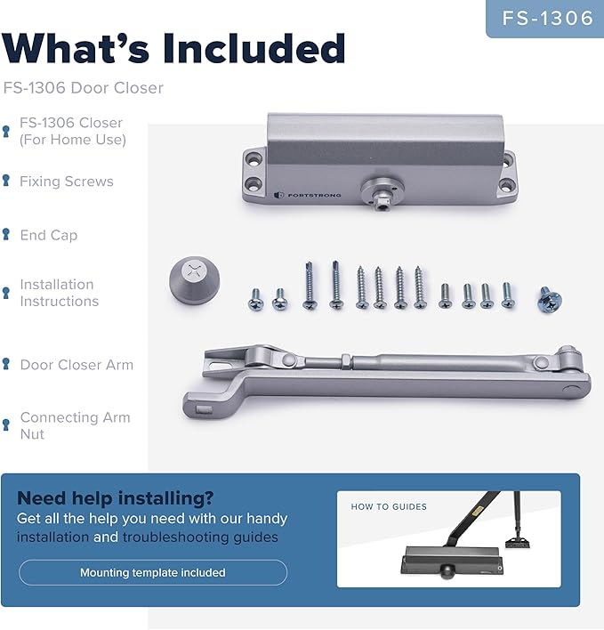Automatic Door Closer (Silver), FS-1306 Residential Hydraulic Auto Door Closer, Grade 3 Self Closing Spring Hinge, UL Listed & ADA Soft Closers No Slam, for Home & Interior Garage Doors Closure