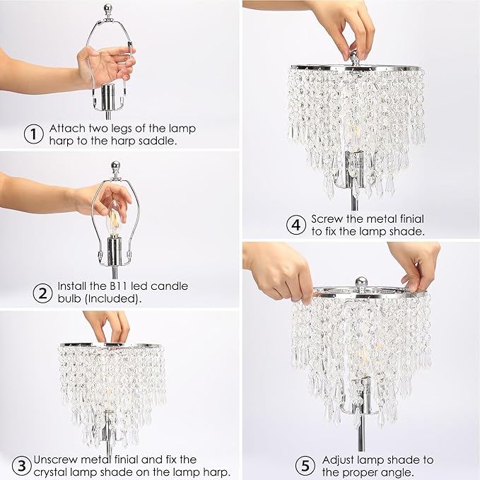 Touch Control Crystal Table Lamp with USB C+A Charging Ports, 3-Way Dimmable Bedside Touch Lamp Decorative Nightstand Lamp with Elegant Lampshade for Living Room Bedroom, B11 LED Bulb Included