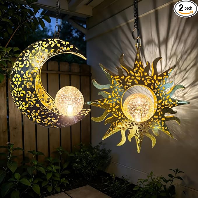Solar Hanging Lights for Outside Garden,Outdoor Metal Lanterns Sun Moon Lamp, Large Decorations for Yard Garden Patio Proch Tree Wall, Christmas Gifts for Women Mom