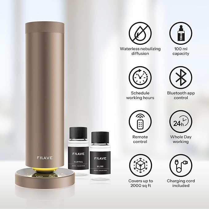 Tower Waterless Scent Diffuser & Oil Kit, 2000 Sqft Coverage, Hotel Diffuser with Bliss & Santal Aroma Oil for Large Room, Home Office, Hotel, Remote & App Control Cold Air Machine, Almond Cream