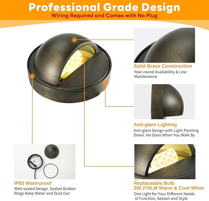 Gardenreet Low Voltage Deck Lights - Solid Brass Landscape Step Lights LED, 12V Hardwired IP65 Waterproof, Bronze Round for Stair Wall Yard with 3W 270LM Dimmable Warm & Neutral White G4 Bulb 8 Pack