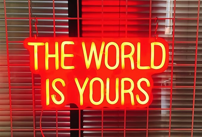 The World is Yours LED Neon Signs for Wall Decor Neon Wall Art Acrylic LED Lights with Hanging Chain Light Up for Bedroom Decor Graduation Bar Pub Wedding Party 5V USB Powered Dimmable