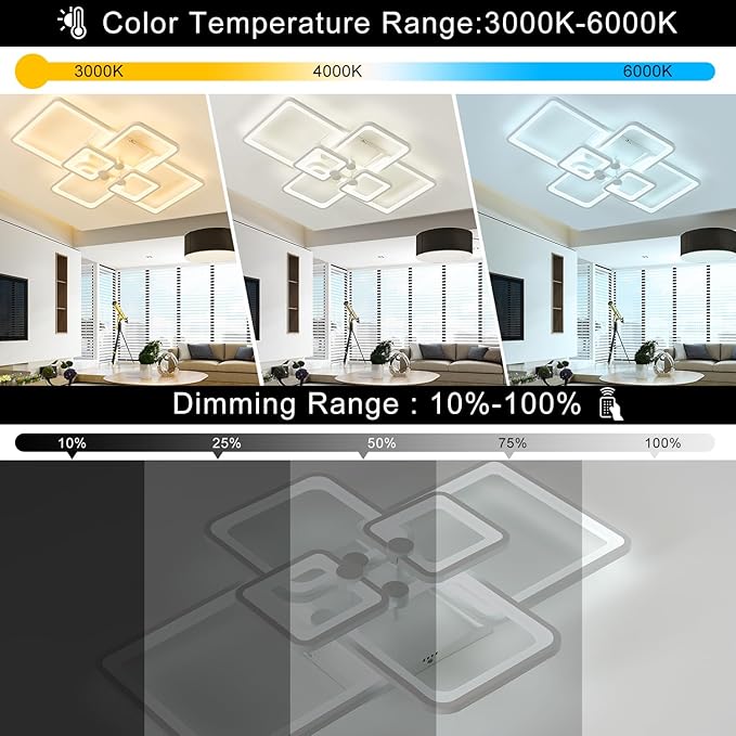 Dimmable White Modern Ceiling Lamp with Remote for for Living Room,6 Square Acrylic Modern Lighting Fixture Ceiling Lights,3000K-6500K Flush Mount Light Fixture for Bedroom Dining Room