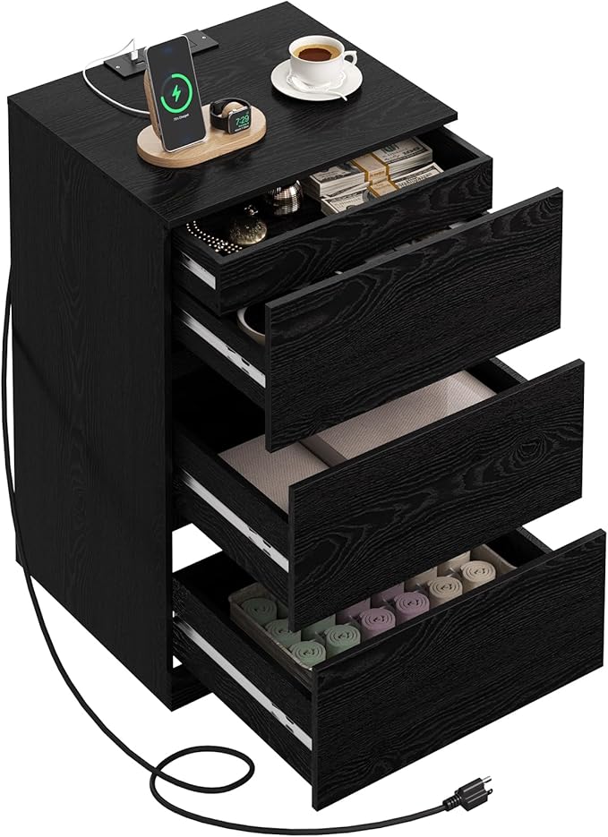 Nightstand, 4 Drawers, 26" H with Hidden Drawer, Bedside Table with Charging Station, Modern Night Stand for Bedroom, Black