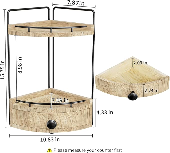 2-Tier Corner Bathroom Countertop Organizer with Drawer, Wooden Vanity Organizers for Makeup and Skincare Storage, Corner Counter Shelf with Embedded Screw Holes, Light Brown
