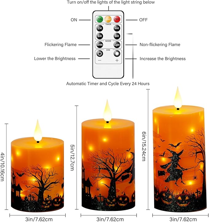 Flameless Candles Real Wax Realistic Halloween Candles, Battery Operated LED Pillar with Remote Timer, Ideal for Halloween Home Decor（D 3"*H 4" 5" 6" ）