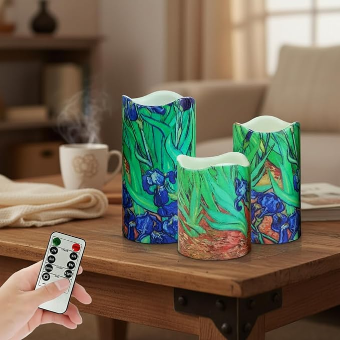 Floral Flameless LED Pillar Candles, 3pcs Van Gogh Irises Battery Operated Flickering Candles with Timer Remote,Decorative Flickering LED Candles for Wedding Mother's Day Home Decor