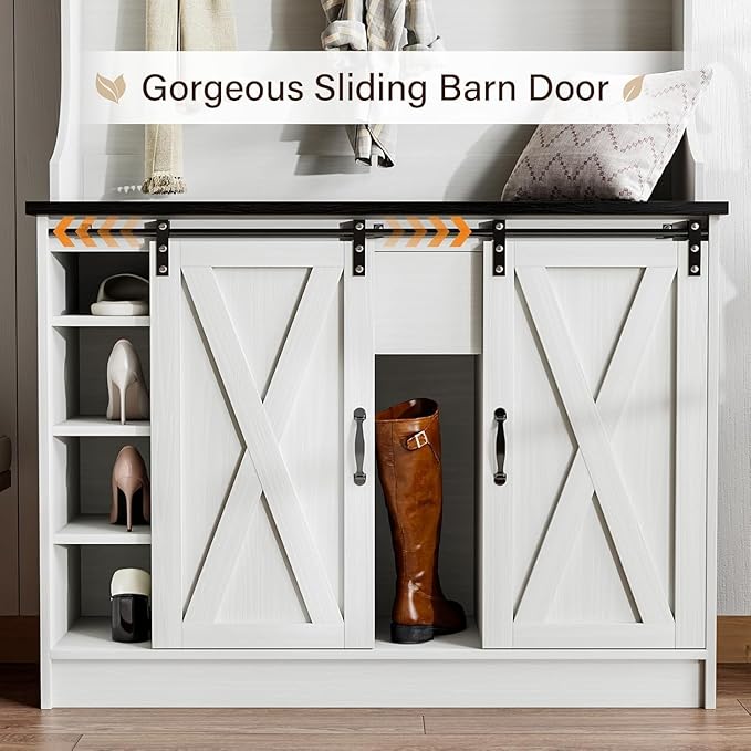 4ever2buy Farmhouse Hall Tree with Bench 5-in-1 Entryway Bench with Coat Rack with Sliding Barn Doors Entryway Coat Rack with Shoe Storage White