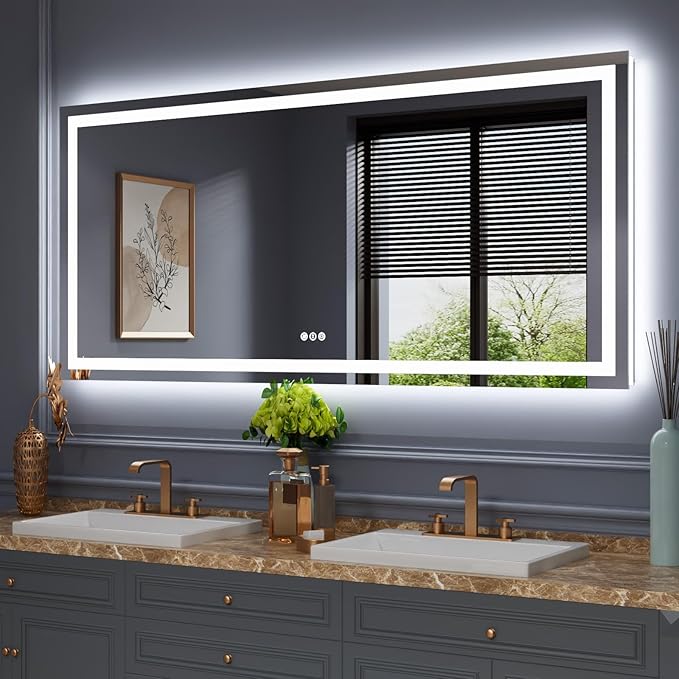 Amorho LED Bathroom Mirror, 68" X38" with Front and Backlight, Stepless Dimmable Wall Mirrors with Anti-Fog, Shatter-Proof, Memory, 3 Colors, Double LED Vanity Mirror