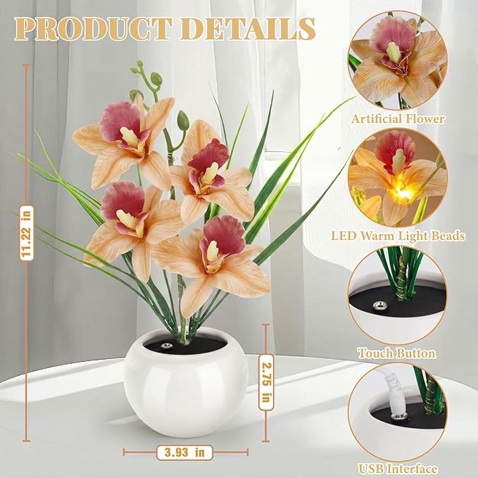 Artificial Flower Night Light, Touch Stepless Dimming USB Rechargeable Orchid Flower with Vase Lamp, LED Table Lamp Decorative Landscape Lights for Festival Party Home Decor (Champagne)