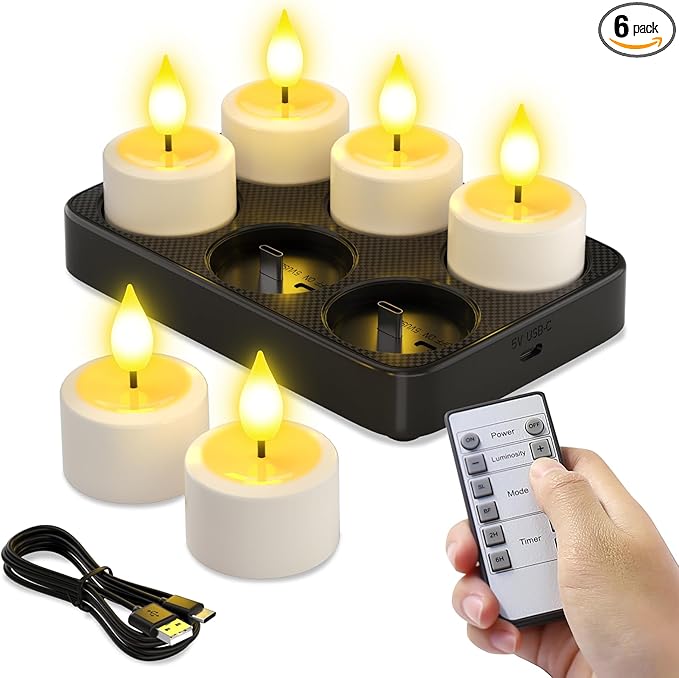 SoulBay Rechargeable Tea Lights Candles, 6pcs Flameless Flicker Candles with Remote Timer & Charging Base, Small Decorative Votive Candle for Lantern Pool Mantle Weddings Home Indoor Christmas