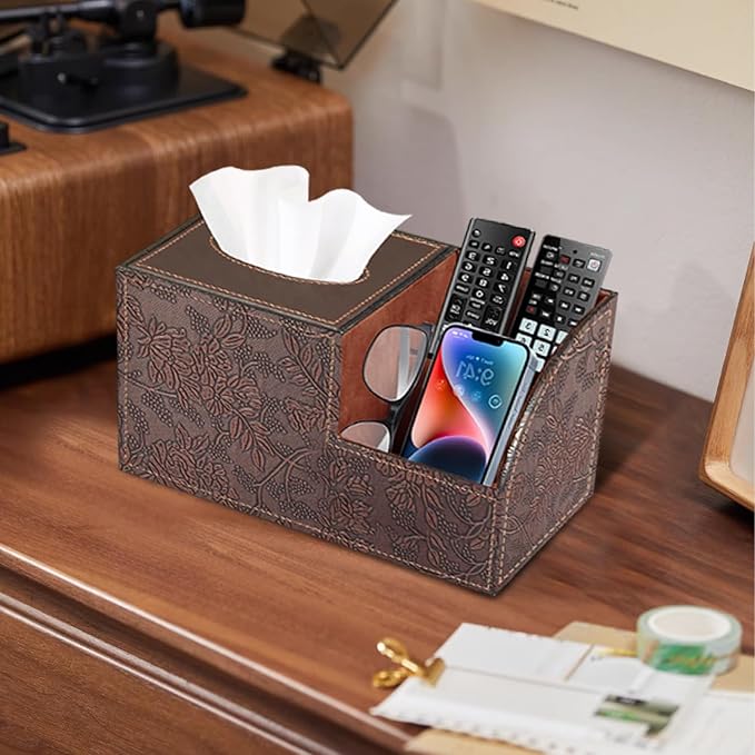 PU Leather Square Tissue Box Cover - Multi-Functional Tissue Box Holder, Tissue Box Cover with Storage,Tissue and Remote Control Holder, Cube Tissue Box Organizer Bedroom Nightstand End Table