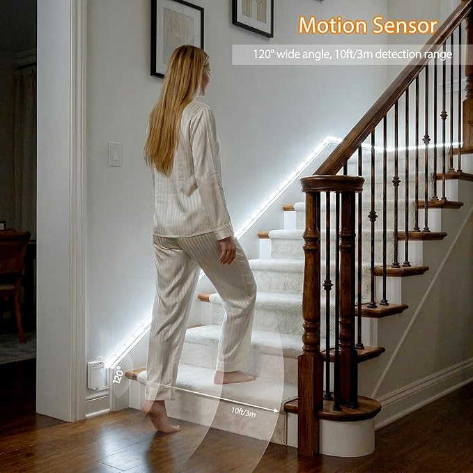 OMIKA COB Motion Sensor LED Strip Light, 6.56ft 640LEDs Closet Lights, Rechargeable Battery Operated Stair Strip Lights for Bed, Pantry, Shelves, Cabinet, Locker, 6000K Cool White, 2 Pack