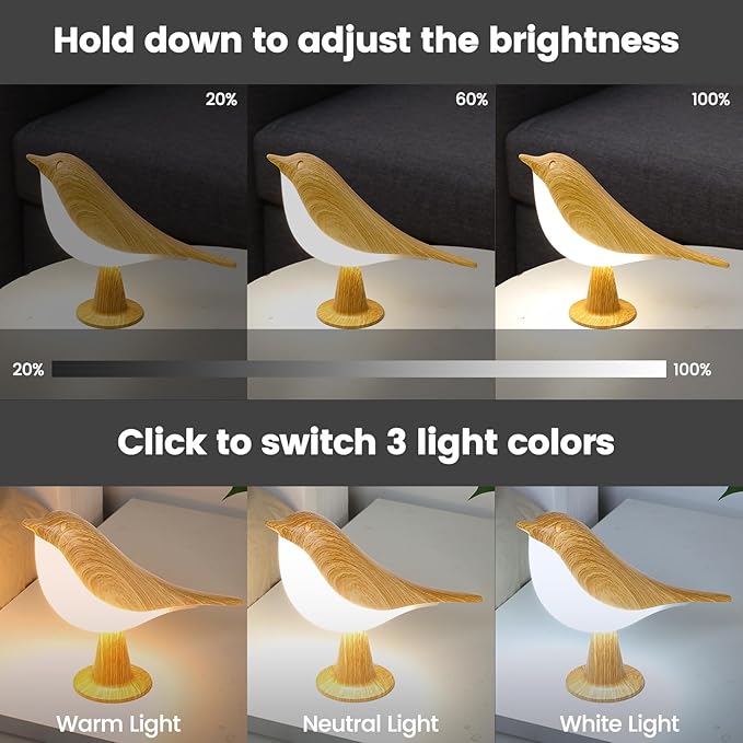 Small Cute Bird Table Lamp, Touch Night Light, Cordless Bedside Lamps, Desk Lamp, 3-Way Dimmable USB Rechargeable Battery 2600mAh Nightstand Lamps for Bedroom, Bird Decor Gifts