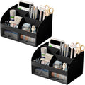 Desk Organizer with 6 Compartments and 2 Drawers, Plastic Makeup Organizer, Pen Holder for Desktop Storage, Desk Organization for School, Home, Office Supplies Black-2Pack