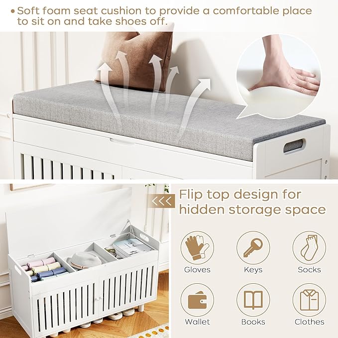 35.4in Shoe Bench with Storage, Bamboo Entryway Bench with Lift Top Hidden Storage & Padded Seat, 2 Doors 2-Tier Narrow Shoe Rack Cabinet Organizer for Hallway Mudroom Bedroom, White