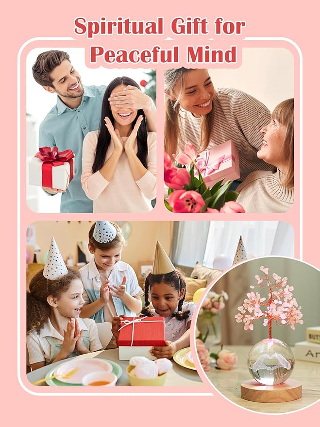 Rose Quartz Crystal Tree of Life for Positive Energy, Chakra Healing Tree with Remote Control Multicolor Night Light for Room, Office, Desk Decor, Pink Gift for Women, Girls (Heart Hands)