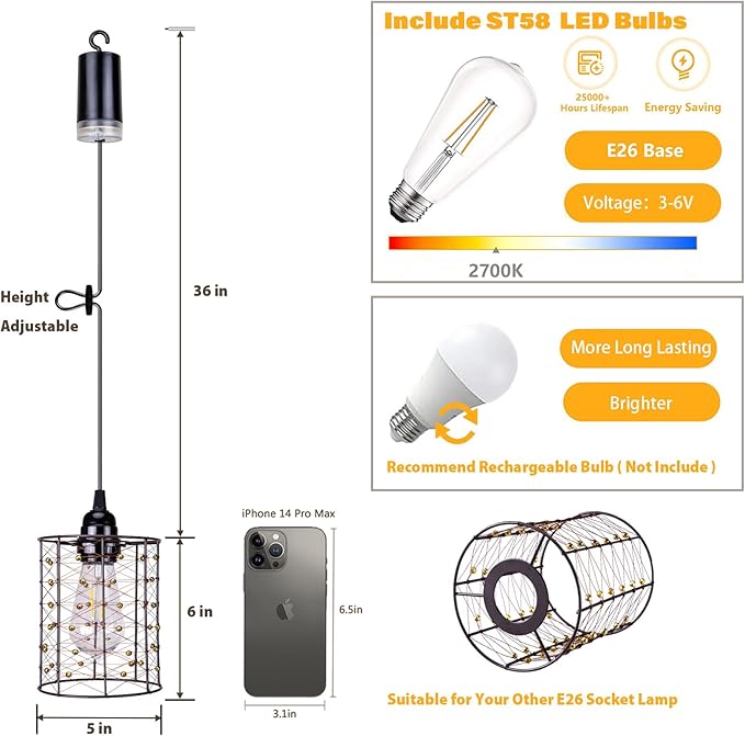 Battery Operated Hanging Outdoor Chandelier, Battery Pendant Light, Gazebo Lights Outdoor Waterproof, 4 AA Batteries, for Gazebo, Pergola, Porch, Patio, Indoor/Outdoor Decor Lighting (3)