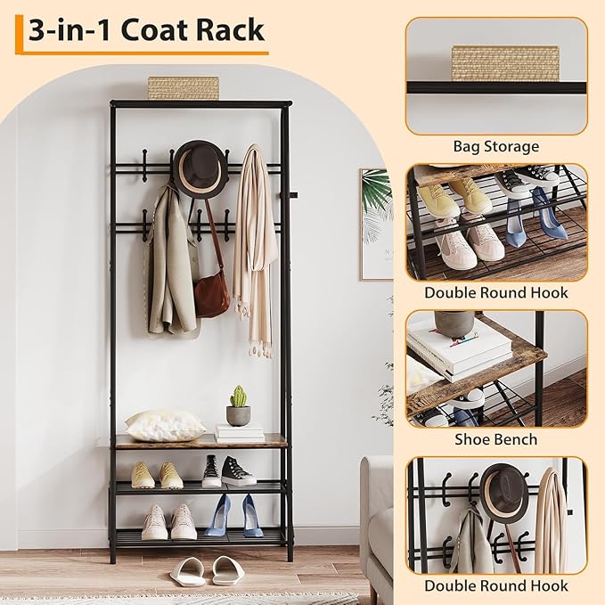 Entryway Hall Tree with Shoe Rack, Hall Tree Coat Rack with Hooks, 25” Freestanding Metal Coat Rack with Shoe Storage, Compact Entryway Organizer for Hallway and Bathroom