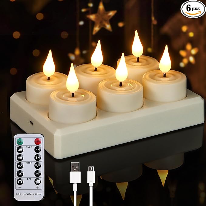 Flameless Rechargeable Tea Lights with Remote Timer Battery Operated Realistic LED TeaLight for Home Wedding Table Halloween Centerpieces Decor (6pcs,with Charging Station)
