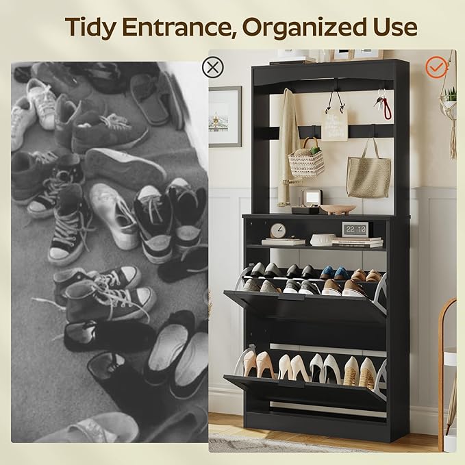 Tall Shoe Cabinet with Flip Drawers and Coat Rack, Floor Standing Modern Shoe Storage Organizer, 2-in-1 Hall Tree with Movable Hooks and Open Shelves, for Entryway, Black SC01BKY1