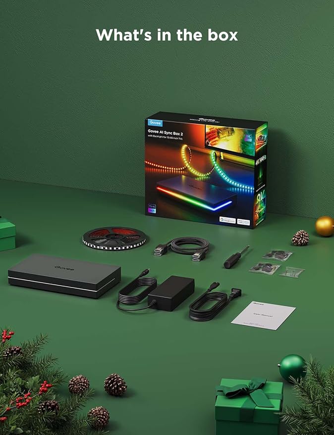 Govee HDMI 2.1 Sync Box 2, AI Sync Box with TV Backlight, Supports 8K@60Hz, 4K@144Hz, VRR and ALLM, Works with SmartThings, Matter and Alexa, RGBIC LED Light Strip for 75-85 inch TVs, 75 LEDs/m