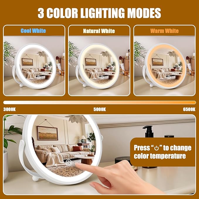 Travel Makeup Mirror, 8" Small Vanity Mirror with Lights, 1500mAH Battery, 3-Color Lighting, Dimmable, 360° Rotation, Round Portable Desk Mirror, Travel Essentials (White)