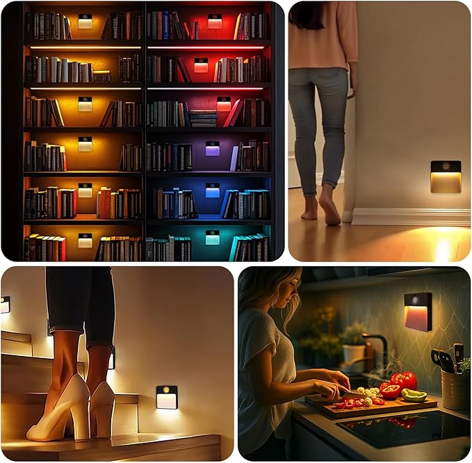 3 Pack Motion Sensor Stair Light for Indoor, Rechargeable Battery Operated Night Lights, RGBW Stick On Closet Lamp, Motion Activated Magnetic Lighting Lamps for Step, Cabinet,Hallway,Bathroom