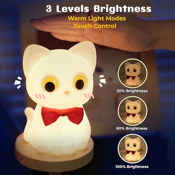 AVEKI Cat Night Light for Kids, Cute Squishy Silicone Cats Lamp for Baby Toddler Newborn Nursery, Dimmable Touch Night Light for Kids Room, Rechargeable Small Bedside Lamp Gifts for Girls (Cat)