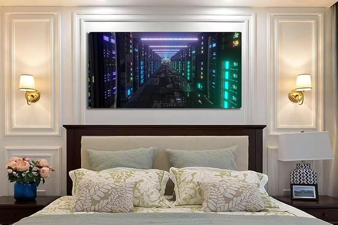 Wibinuki Wall Art Wall Decor Wall Paintings Moving Through Da Center Server Racks LED Lights for Living Room Bedroom Bathroom Home Decor Can Be Hung Directly 20"x 40"