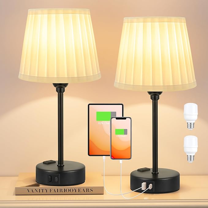 Acaxin White Bedside Lamps for bedrooms Set of 2 - White Pleated Lamp Shade with USB Charging Ports, Touch Lamps for Nighstand, Night Stand Lamp for Dorm/Office/Living Room/Class Room