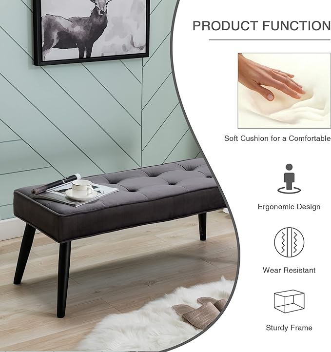 LOULENS Button Tufted Ottoman Bench, Fashionable Upholstered End of Bed Bench, Comfortable Velvet Entryway Bench for Living Room, Dark Gery