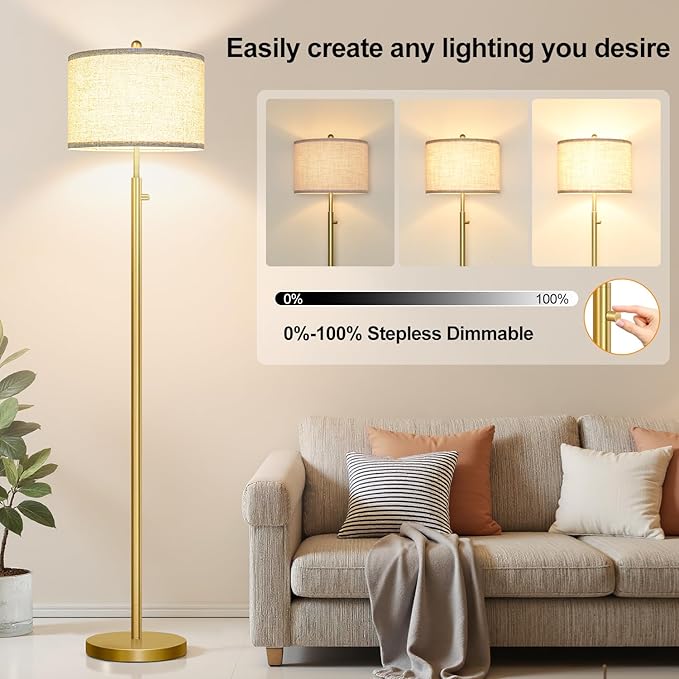 Nintiue 【Upgraded】 Dimmable Floor Lamp for Living Room, 11W LED Bulb Included, Modern Standing Lamp, Tall Pole Light with Linen Shade for Bedroom Reading Office Corner Nursery-Gold